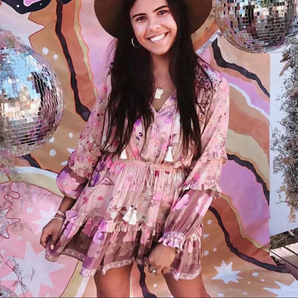 Long Sleeve Ruffle Boho Floral Gypsy Print Dress - Picture 3 of 11
